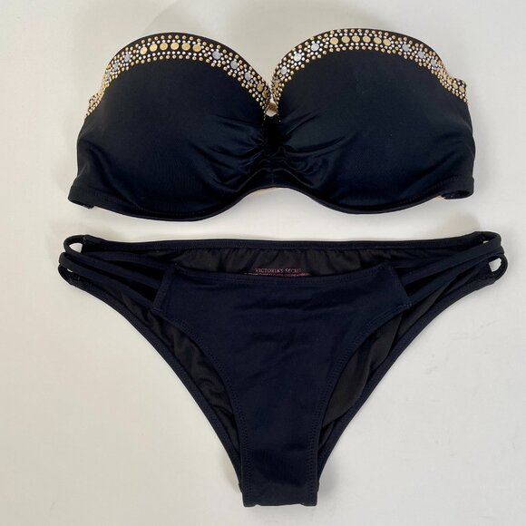 Victoria's Secret Black Bandeau Style Bikini With Gold Beading, Size S/34D - Picture 1 of 14
